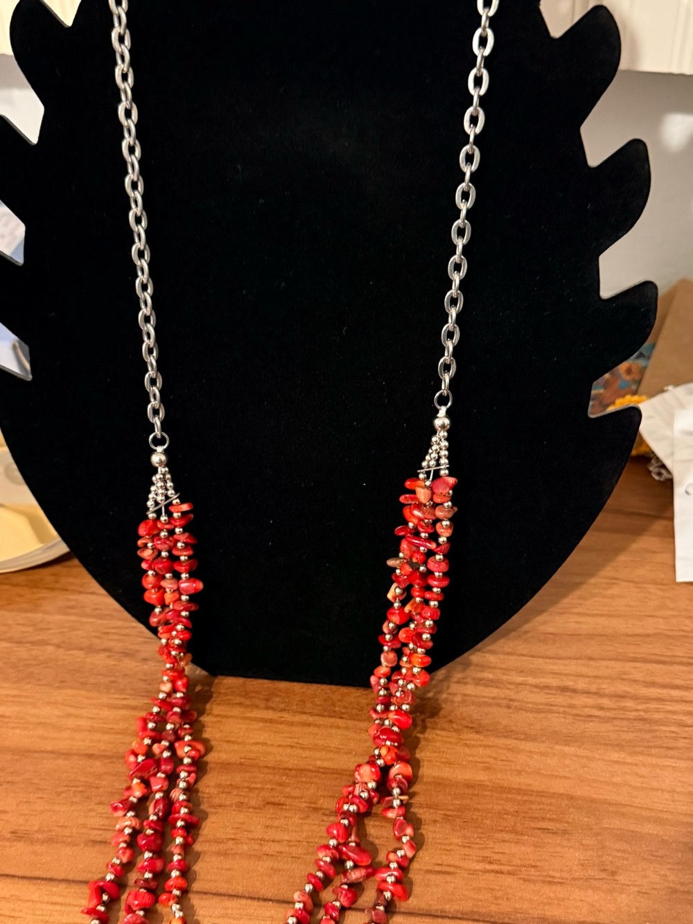 Multi-Strand Red Chip Glass Beaded Necklace Silver Tone Cable Chain Adjustable